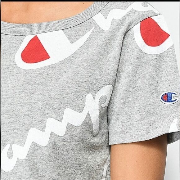 Champion Heritage Athletic Gray All Over Script Logo Crop Top T Shirt Medium - Picture 4 of 10